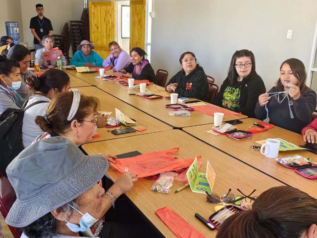 Taller de Educación Ambiental de REDIMIR Taller de Educación Ambiental en Ollagüe, grupo de mujeres aprendiendo a tejer con materiales reciclados.